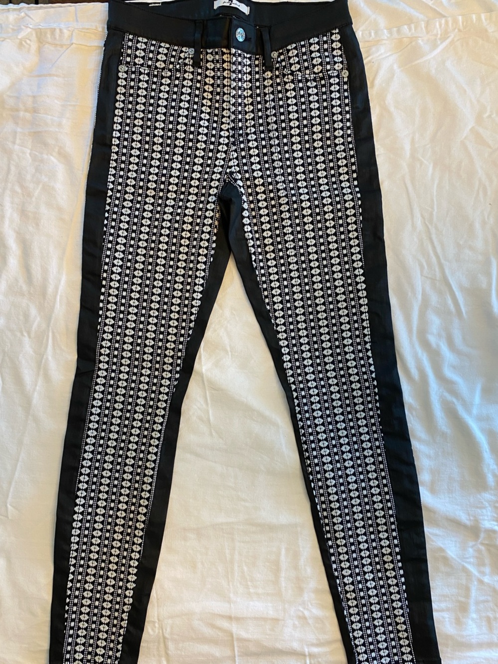 7 For All Mankind Black With White Mosaic Print Skinny Jeans